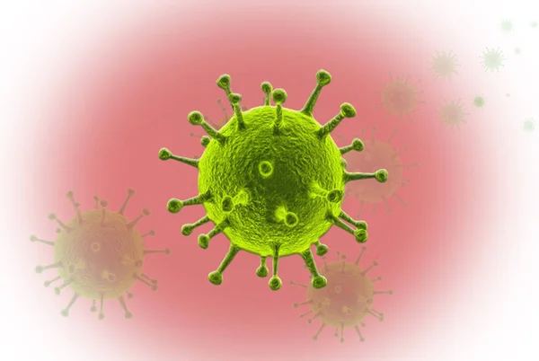 Ομάδα πράσινων ιών σε λευκό φόντο με μια κόκκινη θολή κηλίδα στο κέντρο — Φωτογραφία Αρχείου