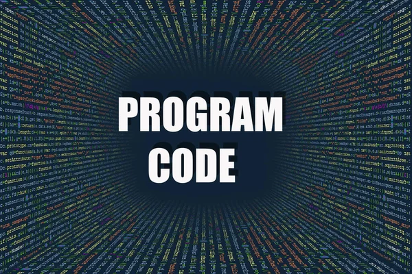 Tunnel from computer program code. Programmer Lines of code, Java Script, CSS, and HTML. hacking coding concept. Source code for the software with an inscription in the middle: PROGRAM CODE