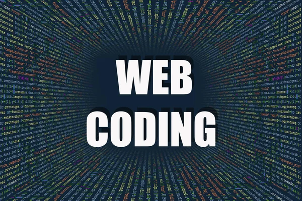 Tunnel from computer program code. Programmer Lines of code, Java Script, CSS, and HTML. hacking coding concept. Source code for the software with an inscription in the middle: web coding