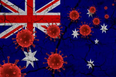 Kırmızı virüs hücreleri, salgın virüs salgını, koronavirüs, Asya gribi konsepti, kırık Avustralya bayrağının arka planında