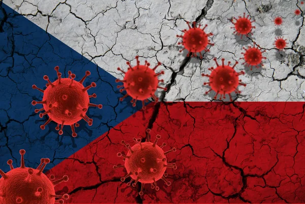 Червоні вірусні клітини, епідемія грипу, коронавірус, азійська концепція грипу, на тлі зламаного чеського прапора. — стокове фото