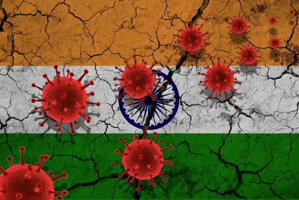 Red virus cells, pandemic influenza virus epidemic infection, coronavirus, Asian flu concept, against the background of a cracked China flag