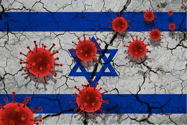 Cellules virales rouges, infection épidémique par le virus de la grippe pandémique, coronavirus, concept de grippe asiatique, dans le contexte d'un drapeau israélien fissuré — Photo