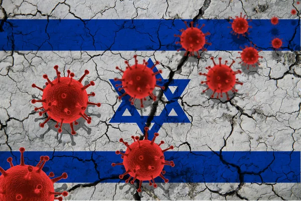 Rode-viruscellen, epidemische pandemische influenzavirusinfectie, coronavirus, Aziatisch griepconcept, tegen de achtergrond van een gebarsten israelvlag — Stockfoto