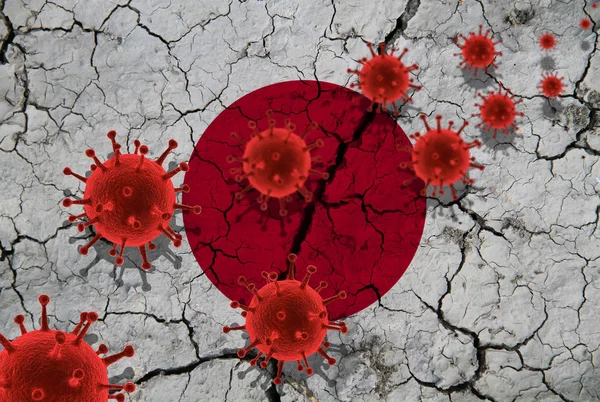 Células rojas, infección epidémica por el virus pandémico de la gripe, coronavirus, concepto de gripe asiática, en el contexto de una bandera de Japón agrietada — Foto de Stock