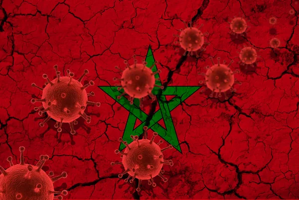 Red virus cells, pandemic influenza virus epidemic infection, coronavirus, Asian flu concept, against the background of a cracked morocco flag