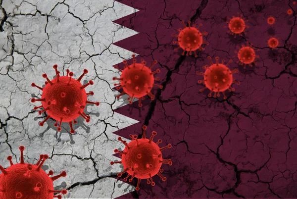Червоні вірусні клітини, епідемія грипу, коронавірус, азійська концепція грипу, на тлі зламаного прапора Катару. — стокове фото