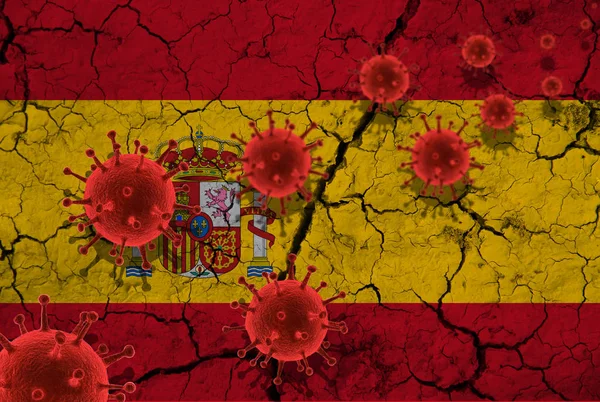 Cellules virales rouges, infection épidémique par le virus de la grippe pandémique, coronavirus, concept de grippe asiatique, dans le contexte d'un drapeau d'Espagne fissuré — Photo