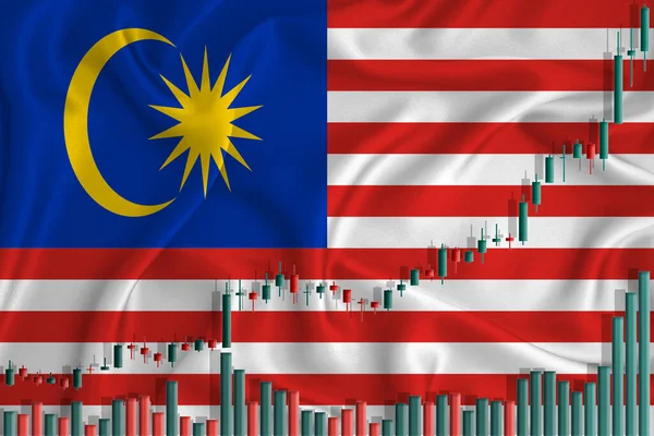 Rising against the backdrop of the Malaysia flag and stock price fluctuations. Rising stock prices of companies.