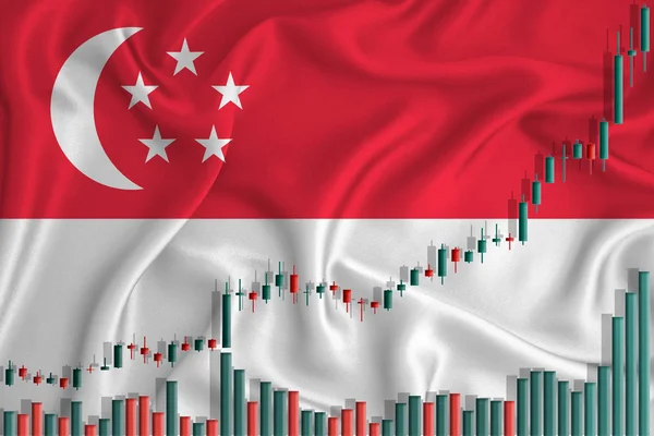 Rising against the backdrop of the Singapore flag and stock price fluctuations. Rising stock prices of companies.