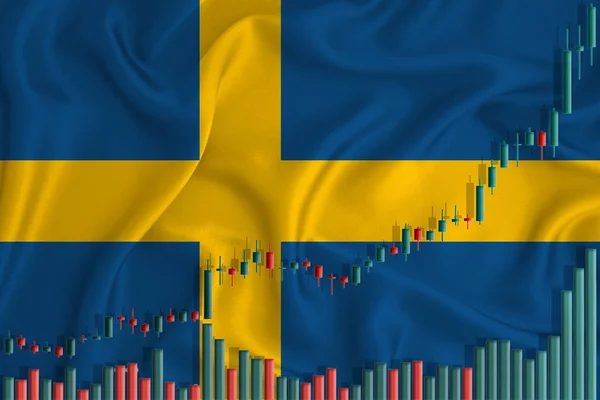 Stigande Mot Bakgrund Sveriges Flagga Och Kursfluktuationer Stigande Börskurser För — Stockfoto