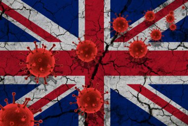 Kırmızı virüs hücreleri, pandemik grip virüsü salgını, koronavirüs, Asya gribi konsepti, kırık Büyük Britanya bayrağının arka planında