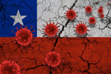 Kırmızı virüs hücreleri, salgın virüs salgını, koronavirüs, Asya gribi konsepti, kırık bir Şili bayrağının arka planında