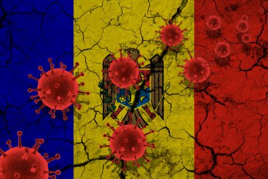 Kırmızı virüs hücreleri, salgın virüs salgını, koronavirüs, Asya gribi konsepti, çatlak Moldova bayrağının arka planına karşı.