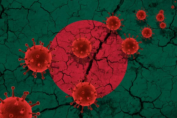 Red virus cells, pandemic influenza virus epidemic infection, coronavirus, Asian flu concept, against the background of a cracked Bangladesh flag