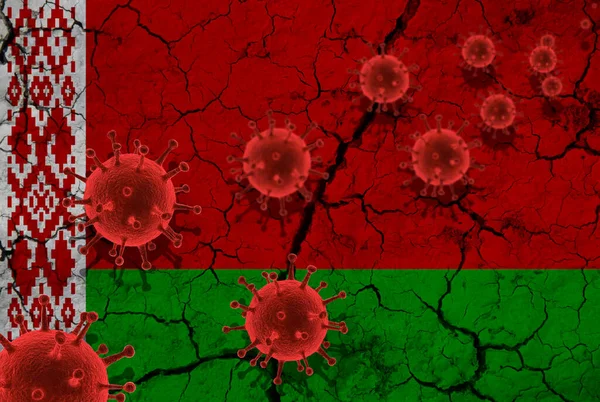 Red virus cells, pandemic influenza virus epidemic infection, coronavirus, Asian flu concept, against the background of a cracked Belarus flag