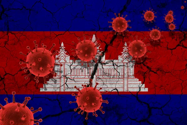 赤いウイルス細胞 パンデミックインフルエンザウイルス感染症 コロナウイルス アジアインフルエンザの概念は カンボジア国旗の亀裂を背景に — ストック写真