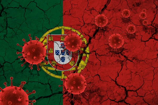 赤いウイルス細胞 パンデミックインフルエンザウイルス感染症 コロナウイルス アジアインフルエンザの概念は ポルトガル国旗の亀裂を背景に — ストック写真