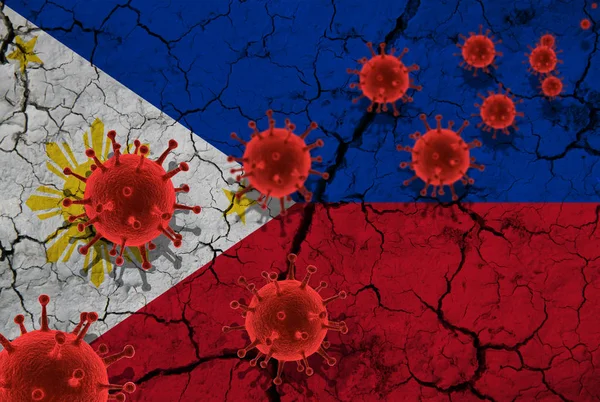 Red virus cells, pandemic influenza virus epidemic infection, coronavirus, Asian flu concept, against the background of a cracked Philippines flag