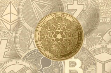 Altın kripto Cardano (ada) işareti, gölgeli sikkelerin arka planında ethereum, zcash, 0x, stellar, dalgalanma, tron, dalgalanma, Neo, litecoin, iota, eos, bitcoin.