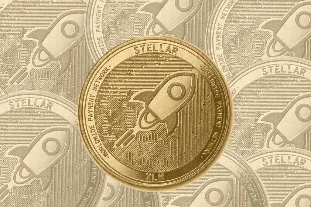 Gold crypto coin stellar (xlm) sign, on the background of shaded coins ethereum, iota, zcash, 0x, tron, ripple, neo, litecoin, eos, cardano, bitcoin.