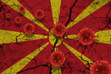 Kırmızı virüs hücreleri, salgın virüs salgını, koronavirüs, Asya gribi konsepti, kırık bir macedonia bayrağının arka planına karşı.