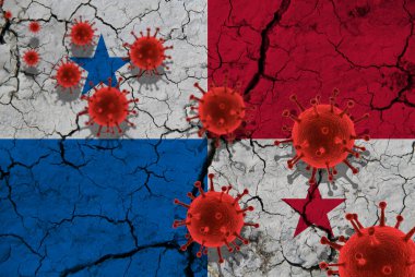 Kırmızı virüs hücreleri, pandemik grip virüsü salgını, koronavirüs, Asya gribi konsepti, kırık Panama bayrağının arka planında