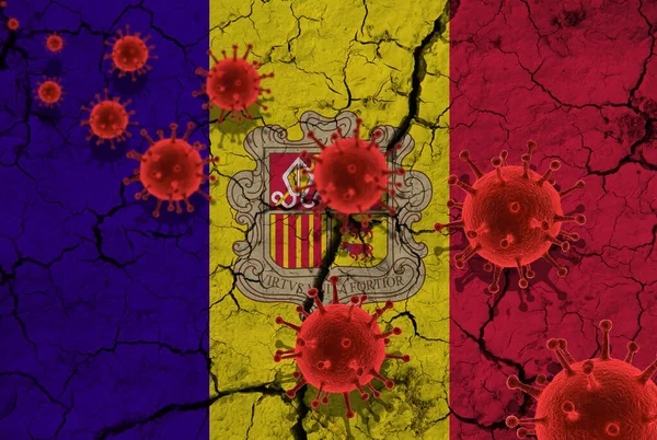 Red virus cells, pandemic influenza virus epidemic infection, coronavirus, Asian flu concept, against the background of a cracked Andora flag