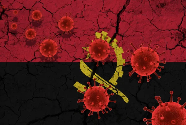 赤いウイルス細胞 パンデミックインフルエンザウイルス感染症 コロナウイルス アジアインフルエンザの概念は アンゴラの亀裂旗の背景に — ストック写真