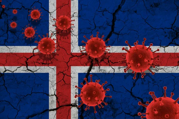 アイスランド国旗の亀裂を背景に 赤いウイルス細胞 パンデミックインフルエンザウイルス感染症 コロナウイルス アジアインフルエンザの概念 — ストック写真