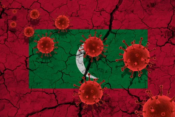 Red virus cells, pandemic influenza virus epidemic infection, coronavirus, Asian flu concept, against the background of a cracked Maldives flag