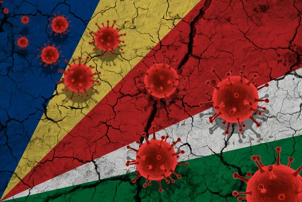 Red virus cells, pandemic influenza virus epidemic infection, coronavirus, Asian flu concept, against the background of a cracked Seychelles flag