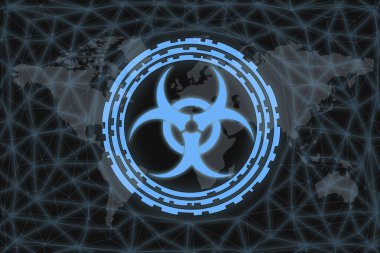 Virüs işareti simgesi. Dünya virüs salgını konsepti. Dünya 'nın silueti ile birlikte karanlık bir arkaplan üzerinde bir ızgara çemberindeki virüs sembolü.