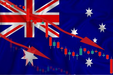 Avustralya bayrağı, para biriminin bayrağın arka planına karşı düşüşü ve hisse senedi fiyat dalgalanmaları. Şirketlerin düşen hisse senedi fiyatlarıyla ilgili kriz kavramı.