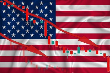 Amerikan bayrağı, para biriminin bayrağın arkasına düşmesi ve hisse senedi fiyatlarındaki dalgalanmalar. Şirketlerin düşen hisse senedi fiyatlarıyla ilgili kriz kavramı.