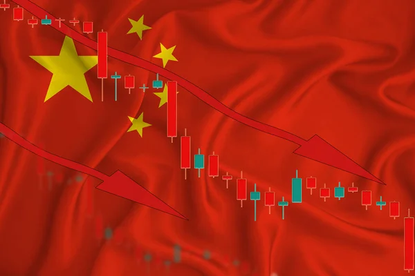 Flaga Chin Spadek Waluty Tle Flagi Wahań Cen Akcji Koncepcja — Zdjęcie stockowe