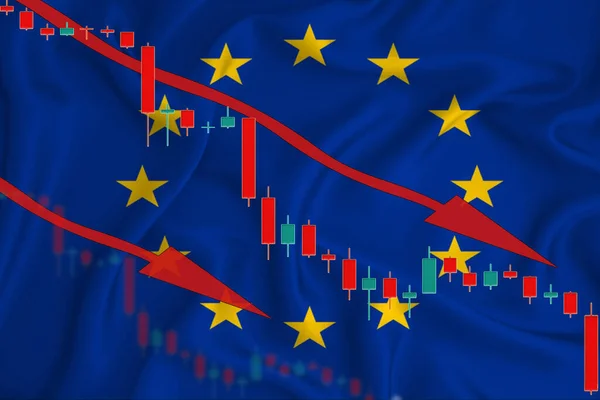European Union flag, the fall of the currency against the background of the flag and stock price fluctuations. Crisis concept with falling stock prices of companies.