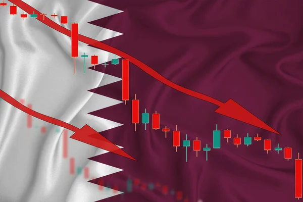 Qatar flag, the fall of the currency against the background of the flag and stock price fluctuations. Crisis concept with falling stock prices of companies.