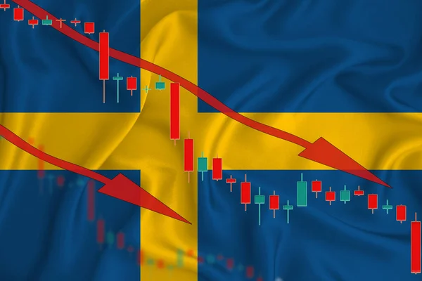Sweden flag, the fall of the currency against the background of the flag and stock price fluctuations. Crisis concept with falling stock prices of companies.