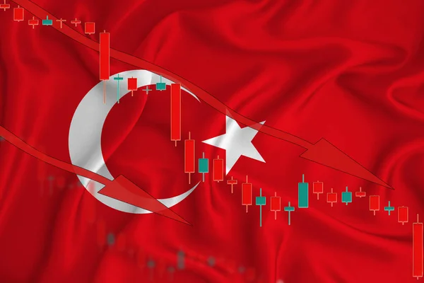 Turkiet Flagga Valutans Fall Mot Bakgrund Flaggan Och Aktiekursfluktuationer Kriskoncept — Stockfoto
