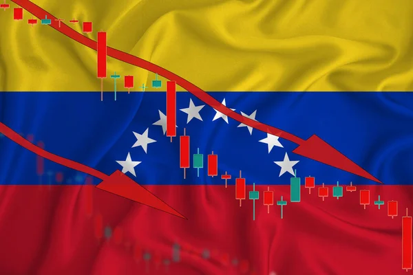 Venezuela flag, the fall of the currency against the background of the flag and stock price fluctuations. Crisis concept with falling stock prices of companies.