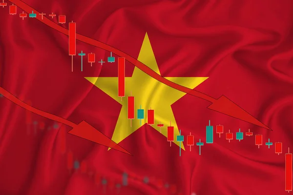 Vietnam flag, the fall of the currency against the background of the flag and stock price fluctuations. Crisis concept with falling stock prices of companies.