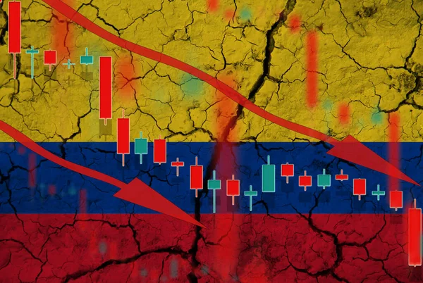 Colombia Flagga Nedgången Valutan Mot Bakgrund Flaggan Och Aktiekursfluktuationer Kriskoncept — Stockfoto