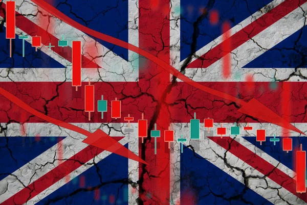 Great Britain flag, the fall of the currency against the background of the flag and stock price fluctuations. Crisis concept with falling stock prices of companies.