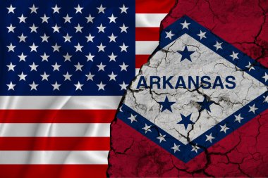 Birleşmiş Milletler bayrağı Arkansas bayrağı ile dokuması kırık zemin üzerinde, devlet kuraklığı kavramı.