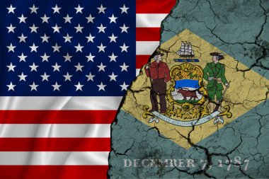 Amerika Birleşik Devletleri bayrağı Delaware bayrağı ile dokuması kırık zemin üzerinde, devlet kuraklığı kavramı.