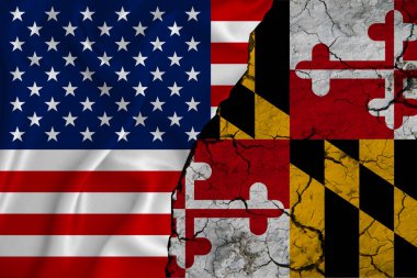 Maryland bayrağıyla ABD bayrağı dokuması çatlamış zeminde, devlet kuraklığı kavramı.