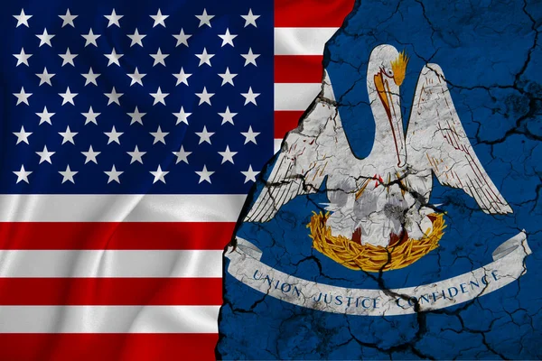 Förenta Staternas Flagga Vävning Struktur Med Flagga Louisiana Sprucken Mark — Stockfoto