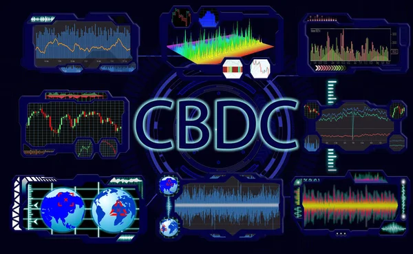 Sekiz kontrol paneli, kripto para birimi ve döviz kuru göstergeleri ile koyu mavi arka planda kontrol. GUI konsepti (grafik kullanıcı arayüzü). Yazı: CBDC
