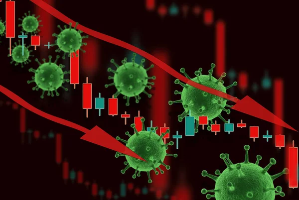 falling currency on background of flag and fluctuations in prices and viruses. Crisis concept with falling stock prices of companies against the backdrop of coronovirus pandemic.